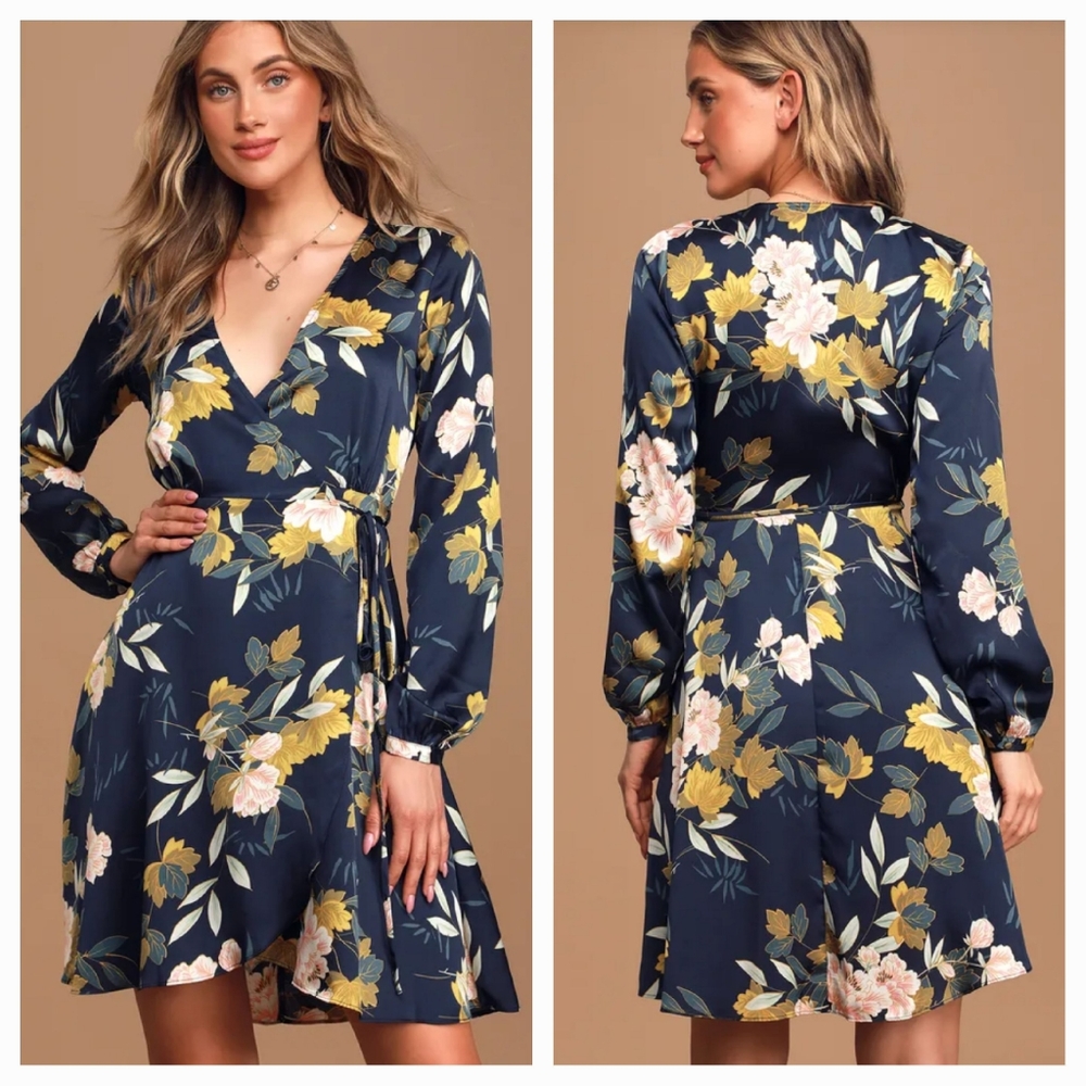NWT Lulu's Love is Life Navy Blue Floral Print Satin Wrap Dress, Size M